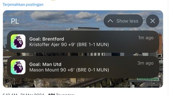 Eh, MU malah langsung kebobolan. Jadi, skornya imbang. Foto: X