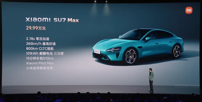 Presentasi CEO Xiaomi, Lei Jun, saat meluncurkan mobil listrik Xiaomi SU7 di China pada Jumat (28/3/24).