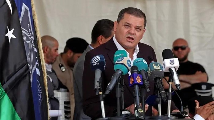 Libya’s interim prime minister Abdulhamid Dbeibah speaks during a military graduation ceremony in the capital Tripoli on July 3, 2022. (File photo: AFP)