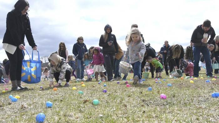 Kids race to pick up eggs at the annual Easter egg hunt sponsored by the Cheshire Police Association, Sunday March 31, 2024, behind the Community House in Cheshire, Mass. The four races, which were determined by age groups, included toddler to age 4, ages 5 to 7, ages 8 to 10, and adults. (Gillian Jones-Heck/The Berkshire Eagle via AP)
