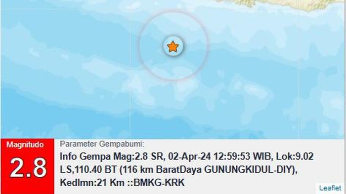 Gempa bumi M 2,8 di Perairan Gunungkidul, Selasa (2/4/2024)