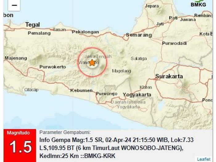 Gempa Darat M 1,5 di Wonosobo, Selasa (2/4/2024) pukul 21.15 WIB.