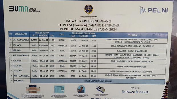 Jadwal kapal penumpang PT Pelni Denpasar saat angkutan Lebaran 2024. (Dok. PT Pelni Denpasar)