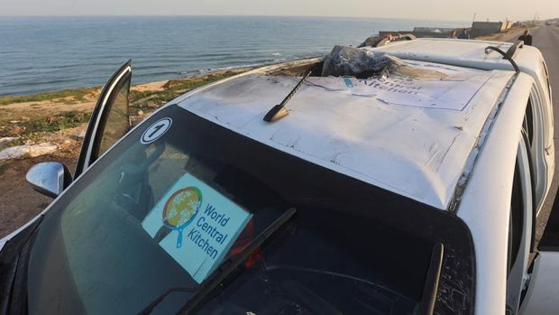 A view of a vehicle where employees from the World Central Kitchen (WCK), including foreigners, were killed in an Israeli airstrike, in Deir Al-Balah, in central Gaza, April 2. REUTERS/Ahmed Zakot