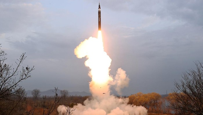 A missile is launched, as the state media reports North Korea test-fired a new mid- to long-range solid-fuel hypersonic missile, at an unknown location in North Korea, April 2, 2024, in this picture released on April 3, 2024, by the Korean Central News Agency. KCNA via REUTERS ATTENTION EDITORS - THIS IMAGE WAS PROVIDED BY A THIRD PARTY. REUTERS IS UNABLE TO INDEPENDENTLY VERIFY THIS IMAGE. NO THIRD PARTY SALES. SOUTH KOREA OUT. NO COMMERCIAL OR EDITORIAL SALES IN SOUTH KOREA.