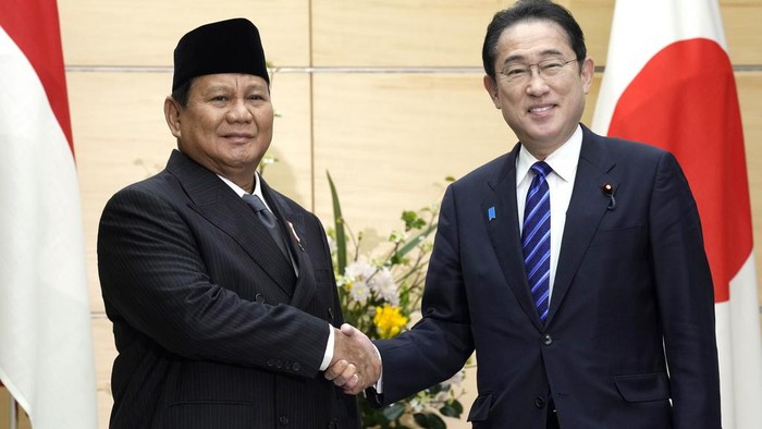 Indonesian President-elect and current Defense Minister Prabowo Subianto, left, and Japan's Prime Minister Fumio Kishida, right, meet at the prime minister's office Wednesday, April 3, 2024, in Tokyo. (AP Photo/Eugene Hoshiko, Pool)