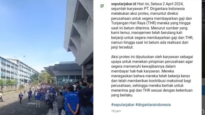 Ratusan karyawan PT Dirgantara Indonesia (PTDI) melakukan unjuk rasa di area PTDI, Kota Bandung pada Selasa (2/4/2024).
