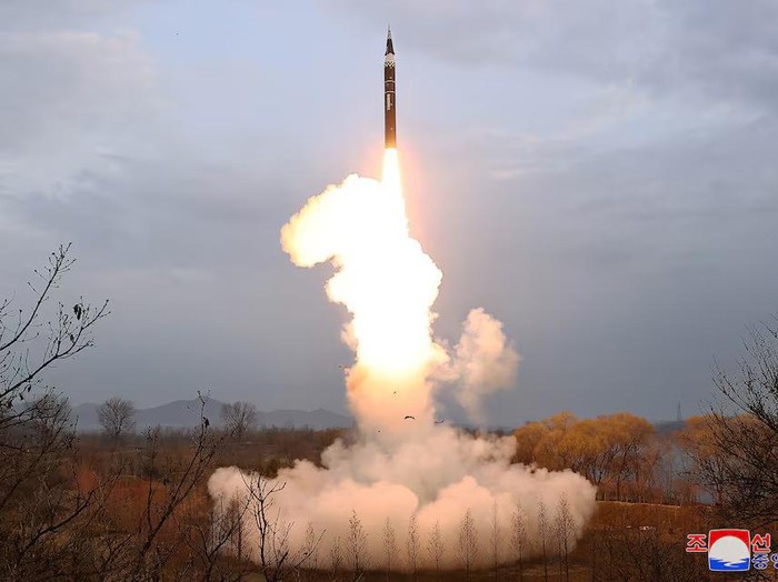 A missile is launched, as the state media reports North Korea test-fired a new mid- to long-range solid-fuel hypersonic missile, at an unknown location in North Korea, April 2, 2024, in this picture released on April 3, 2024, by the Korean Central News Agency. KCNA via REUTERS Purchase Licensing Rights