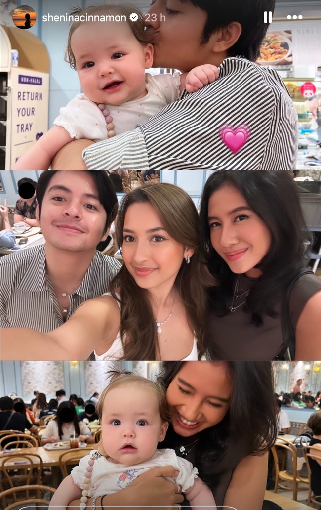 Melalui Instagram Story di akun miliknya Shenina membagikan momen saat dirinya dan sang kekasih, Angga Yunanda, bertemu dengan Jennifer Coppen dan baby Kamari. Foto: dok. Instagram/@sheninacinnamon