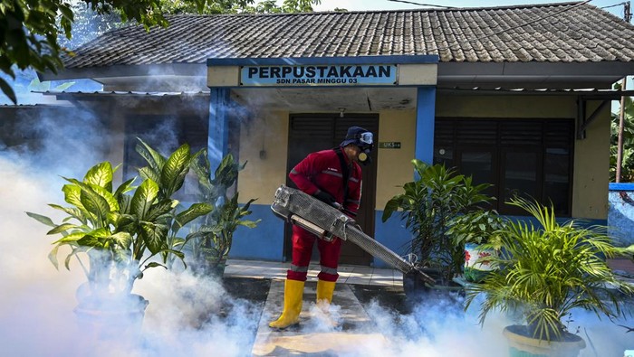 Petugas melakukan pengasapan atau fogging di SDN Pasar Minggu 03, Jakarta Selatan, Kamis (4/4/2024). Suku Dinas Kesehatan Jakarta Selatan melakukan pengasapan serentak pada 20 sekolah di wilayahnya untuk memberantas nyamuk Aedes Aegypti guna mencegah penyebaran penyakit Demam Berdarah Dengue (DBD). ANTARAFOTO/ Erlangga Bregas Prakoso/nym.