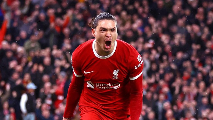 Soccer Football - Premier League - Liverpool v Sheffield United - Anfield, Liverpool, Britain - April 4, 2024 Liverpools Darwin Nunez celebrates scoring their first goal REUTERS/Carl Recine NO USE WITH UNAUTHORIZED AUDIO, VIDEO, DATA, FIXTURE LISTS, CLUB/LEAGUE LOGOS OR LIVE SERVICES. ONLINE IN-MATCH USE LIMITED TO 45 IMAGES, NO VIDEO EMULATION. NO USE IN BETTING, GAMES OR SINGLE CLUB/LEAGUE/PLAYER PUBLICATIONS.