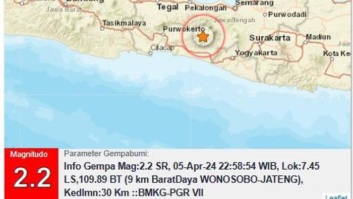 Gempa bumi berkekuatan magnitudo 2,2 di Wonosobo, Jumat (5/4/2024) pukul 22.58 WIB.