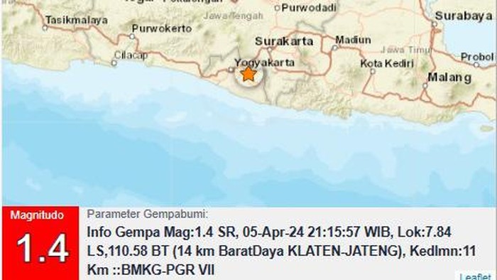 Gempa bumi berkekuatan magnitudo (M) 1,4 di Klaten, Jumat (5/4/2024) pukul 21.15 WIB.