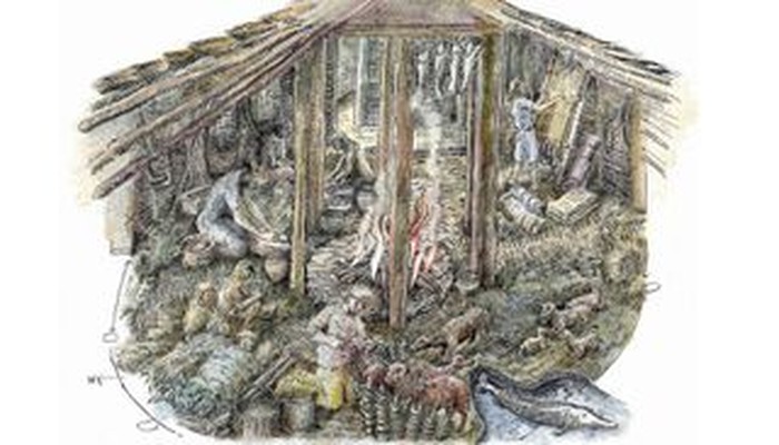 Ilustrasi yang menggambarkan seperti apa kehidupan keluarga di pemukiman Zaman Perunggu di Inggris