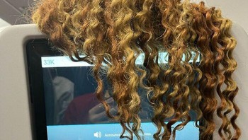 Layar untuk hiburan tertutup rambut penumpang di depannya. Foto: MarthaFarcuss via Bored Panda