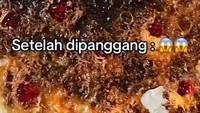 Netizen satu ini awalnya ingin membuat kue kering thumbprint. Namun, berujung gagal tampak gosong dan meluber. Foto: TikTok