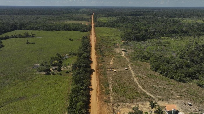 Penampakan Pembangunan Jalan Raya yang Membelah Hutan Amazon Brasil The Trans-Amazon Highway crosses a deforested area near Humaita Amazonas state, Brazil, Monday, July 10, 2023. (AP Photo/Andre Penner)