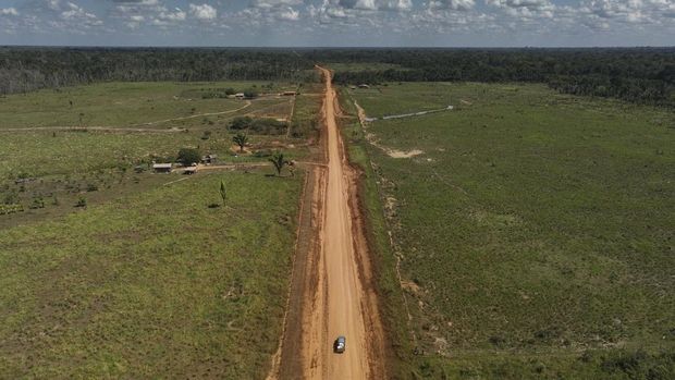 The Trans-Amazon Highway crosses a deforested area near Humaita Amazonas state, Brazil, Monday, July 10, 2023. (AP Photo/Andre Penner)