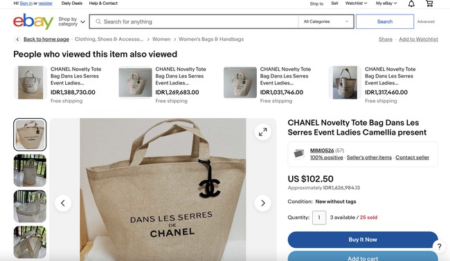 This is a rare item distributed at the Camellia exhibition event in France, demikian deskripsi dari seorang pengguna eBay. Ia menjual tas tersebut seharga US$ 102,5 atau sekitar Rp 1,6 juta. (Foto: Dok. eBay)