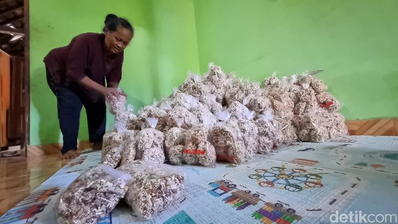 Peyek tumpuk produksi Mujinem warga Pedukuhan Kedon, Kalurahan Sumbermulyo, Kapanewon Bambanglipuro, Kabupaten Bantul, Sabtu (6/4/2024).