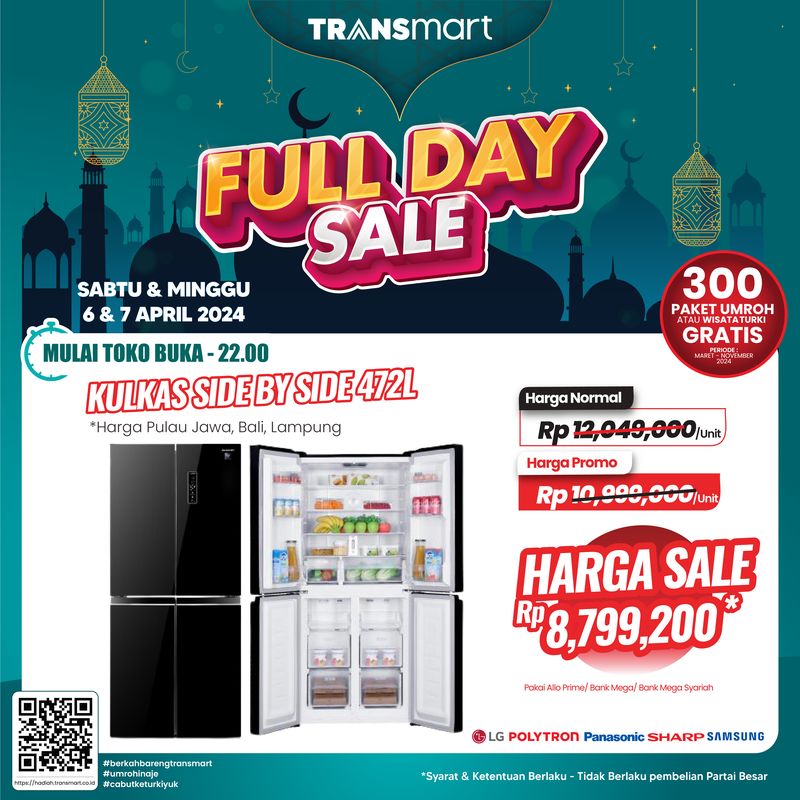Ada diskon jutaan rupiah untuk pembelian Kulkas Side By Side 472L Transmart Full Day Sale, Sabtu, 6 April 2024.