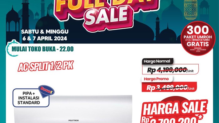Transmart Full Day Sale untuk pembelian AC split 1/2 PK akan dapat diskon jumbo.