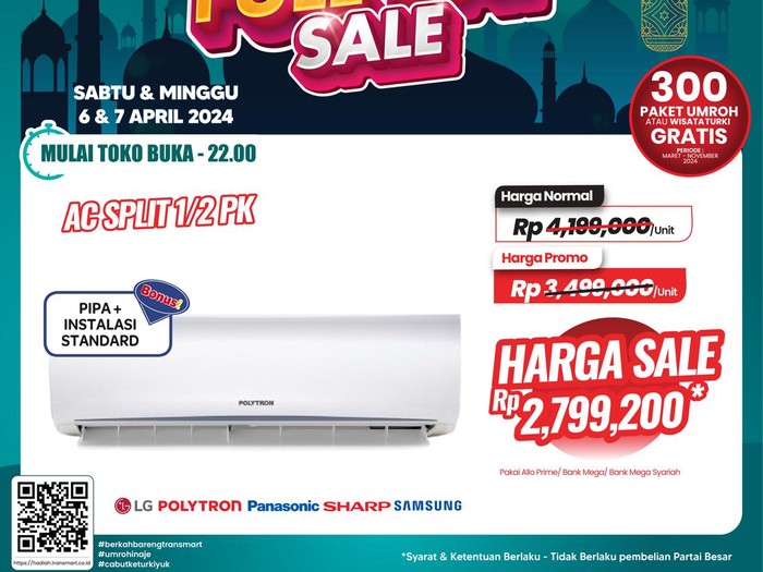 Transmart Full Day Sale untuk pembelian AC split 1/2 PK akan dapat diskon jumbo.