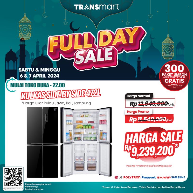 Ada diskon jutaan rupiah untuk pembelian Kulkas Side By Side 472L Transmart Full Day Sale, Sabtu, 6 April 2024.