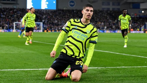 BRIGHTON, ENGLAND - APRIL 06: Kai Havertz of Arsenal celebrates scoring his teams second goal  during the Premier League match between Brighton & Hove Albion and Arsenal FC at American Express Community Stadium on April 06, 2024 in Brighton, England. (Photo by Stuart MacFarlane/Arsenal FC via Getty Images)
