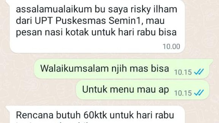 Isi pesan terduga penipu dengan korban saat memesan katering mengatasnamakan Puskesmas Semin 1.