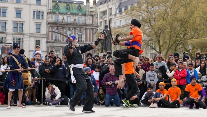 People perform as they celebrate Sikh and Punjabi tradition, heritage, and culture at a Vaisakhi Festival, in Trafalgar Square, London, Britain April 6, 2024. REUTERS/Maja Smiejkowska