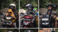 Foto kolase anak tanpa helm ikut mudik orang tuanya dengan sepeda motor menuju ke arah Cirebon dan Jawa Tengah di Jalan Raya Pantura, Indramayu, Jawa Barat, Senin (8/4/2024). 