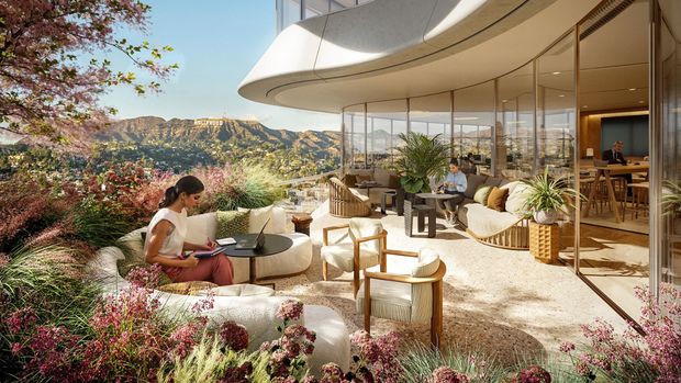 Rendering digital menunjukkan dek outdoor dengan pemandangan Hollywood Hills dan landmark Hollywood.