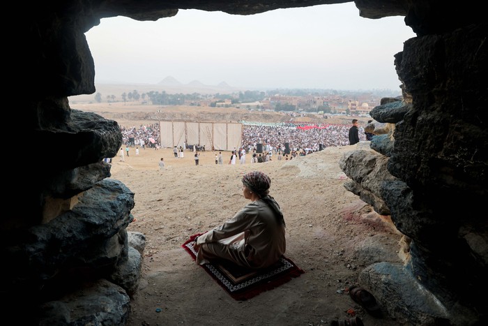 Egyptian Muslim girls pose for a photo as they celebrate Eid al-Fitr, marking the end of the holy fasting month of Ramadan, at the village of Abu Sir, an ancient Egyptian necropolis Pyramids Complex site in the Western Desert at Al Badrashen, in the Giza Governorate, Egypt April 10, 2024. REUTERS/Amr Abdallah Dalsh