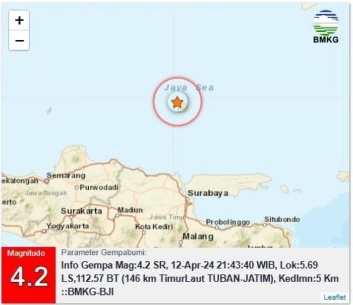 gempa (M) 4,2 terjadi di Tuban