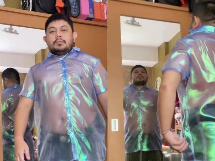 Aksi pria yang memakai baju kemeja mengkilap, viral di TikTok.