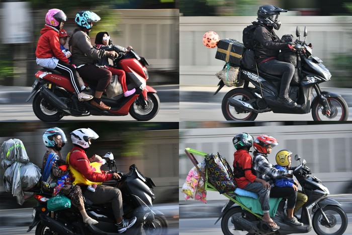 Kolase foto sejumlah pemudik menggunakan sepeda motor melintas di Jalan Raya Pantura, di Tambun, Kabupaten Bekasi, Jawa Barat, Sabtu (13/4/2024). Pada H+3 lebaran arus balik pemudik yang mengendarai sepeda motor menuju Jabodetabek memadati jalan tersebut. ANTARA FOTO/ Fakhri Hermansyah/nz