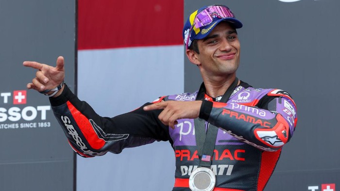 AUSTIN, TX - APRIL 13: Jorge Martin (89) of Spain and Prima Pramac Racing Team points to Lyanno (not pictured) as he performs after the Tissot Sprint Race at the MotoGP Red Bull Grand Prix of the Americas on April 13, 2024, at Circuit of The Americas in Austin, Texas. (Photo by David Buono/Icon Sportswire via Getty Images)