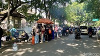 Pukul 09.00 WIB, antrean panjang puluhan pembeli terlihat di Sate Jando sebelah Gedung Sate. Kuliner ini memang jadi salah satu destinasi yang tak pernah sepi pembeli. (Foto: Anindyadevi Aurellia/detikJabar)
