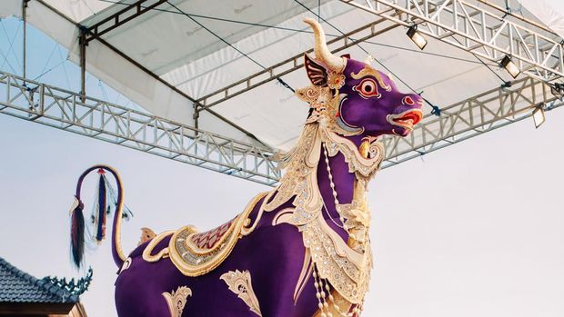 Lembu ungu dalam prosesi pelebon Puri Agung Ubud untuk almarhum Tjokorda Bagus Santaka, Minggu (14/4/2024). (I Putu Budikrista Artawan/detikBali)