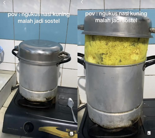 Lebaran core! Wanita ini merekam saat dandang untuk masak nasi kuning meluap karena kepenuhan.