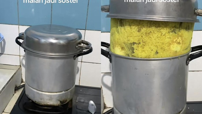 Lebaran core! Wanita ini merekam saat dandang untuk masak nasi kuning meluap karena kepenuhan.