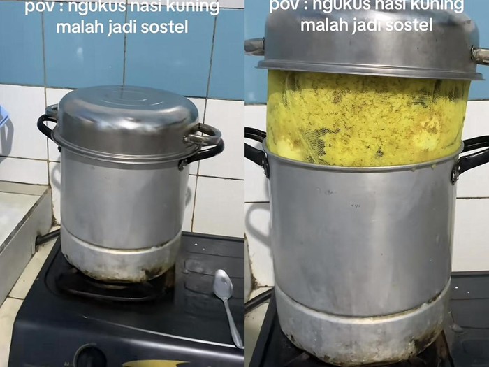 Lebaran core! Wanita ini merekam saat dandang untuk masak nasi kuning meluap karena kepenuhan.