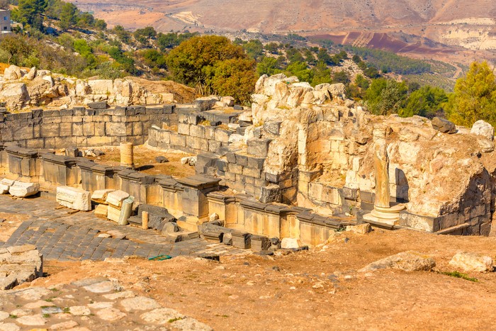 Roman road of Umm Qais Gadara in northern Jordan. It is located in the north-west of the country
