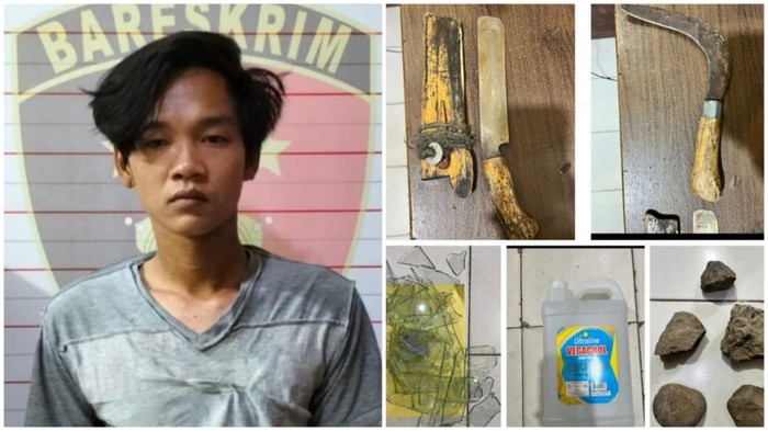 Haris dan sejumlah barang bukti saat diamankan di kantor polisi.