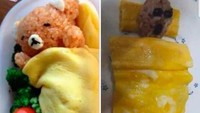 Penasaran dengan penyajian omelet yang seolah menyelimuti beruang, netizen ini tepuk jidat lihat masakannya. Makanannya tampak aneh dan menyeramkan. Foto: Bored Panda