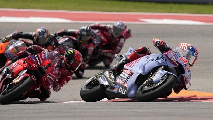 Marc Marquez (93), of Spain, leads through a turn during the MotoGP Grand Prix of the Americas motorcycle race at Circuit of the Americas, Sunday, April 14, 2024, in Austin, Texas. (AP Photo/Eric Gay)