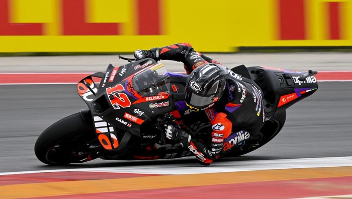 Apr 14, 2024; Austin, TX, USA; Maverick Vinales (12) of Spain and Aprilia Racing rides in warmups before the start of the MotoGP Grand Prix of The Americas at Circuit of The Americas. Mandatory Credit: Jerome Miron-USA TODAY Sports