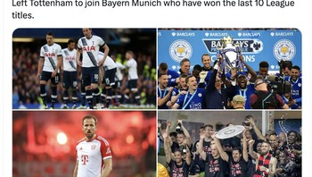 Bayangkan jadi Harry Kane. Dulu dia meninggalkan Leicester ke Spurs agar juara, malah Leicester yang juara. Kepindahannya ke Bayern Munich mengikuti kisah serupa. Foto: Twitter