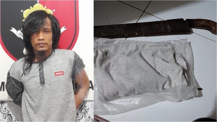 Rensi dan barang bukti parang yang diamankan di kantor polisi.